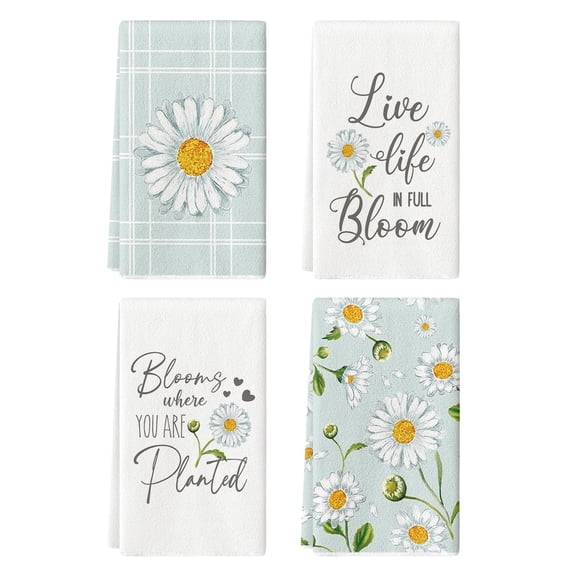 Sm:)e Live Life in the Full Bloom Floral Daisy Spring Kitchen Dish Towels 18x26 Inch Set of 4