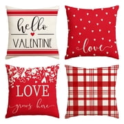 Sme Love Hello Valentine's Day Throw Pillow Covers 18 x 18 Set of 4 Buffalo Plaid Seasonal Decorative Farmhouse Outdoor Pillow Case Red