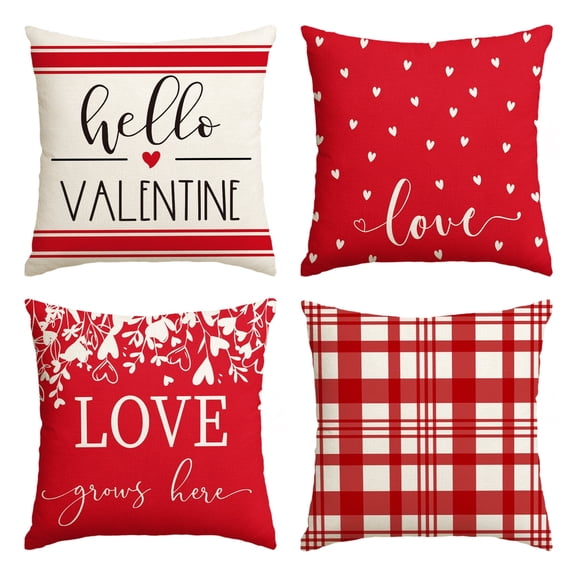 Sm:)e Love Hello Valentine's Day Throw Pillow Covers 18 x 18 Set of 4 Buffalo Plaid Seasonal Decorative Farmhouse Outdoor Pillow Case Red