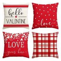 Sm:)e Love Hello Valentine's Day Throw Pillow Covers 18 x 18 Set of 4 Buffalo Plaid Seasonal Decorative Farmhouse Outdoor Pillow Case Red