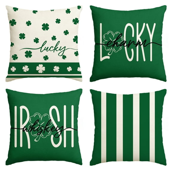 Sm:)e Lucky Charm Irish Whiskey Clover ST Patrick Day Throw Pillow Covers Stripe, 18 x 18 Inch Green Shamrocks Decoration for Sofa Couch Set of 4