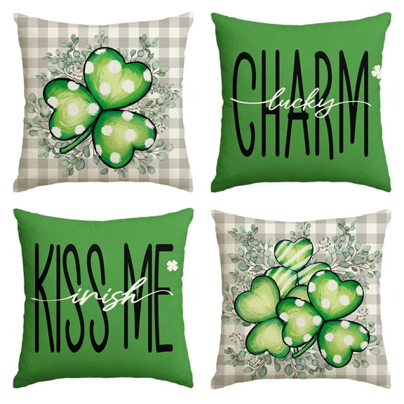 Sm:)e Lucky Charm St Patricks Day Buffalo Plaid Throw Pillow Covers, 18 x 18 Inch Kiss Me Irish Clover Cushion Case Decoration for Sofa Couch Set of 4