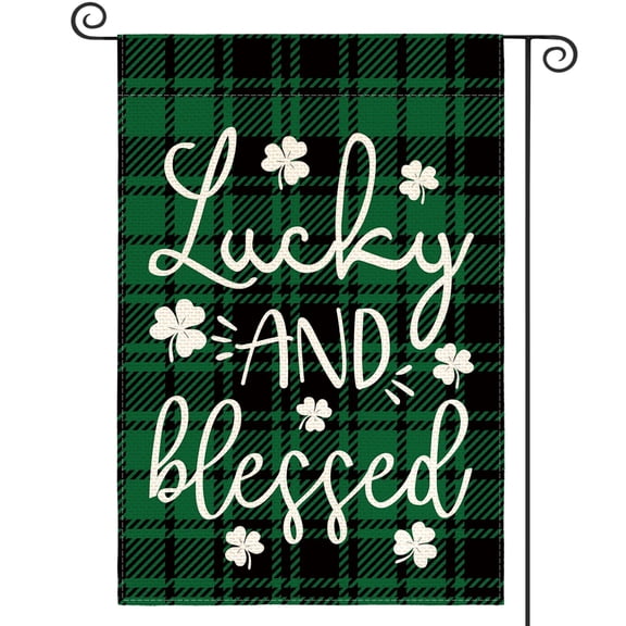 Sm:)e Lucky and Blessed Shamrock St. Patrick's Day Garden Flag 12.5 x 18 Inch Watercolor Buffalo Plaid, Patricks Day Decoration