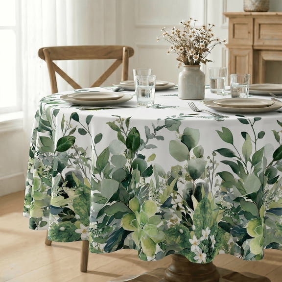 Sm:)e Machine Washable 60 Inch Round Green Eucalyptus Floral Polyester Tablecloth
