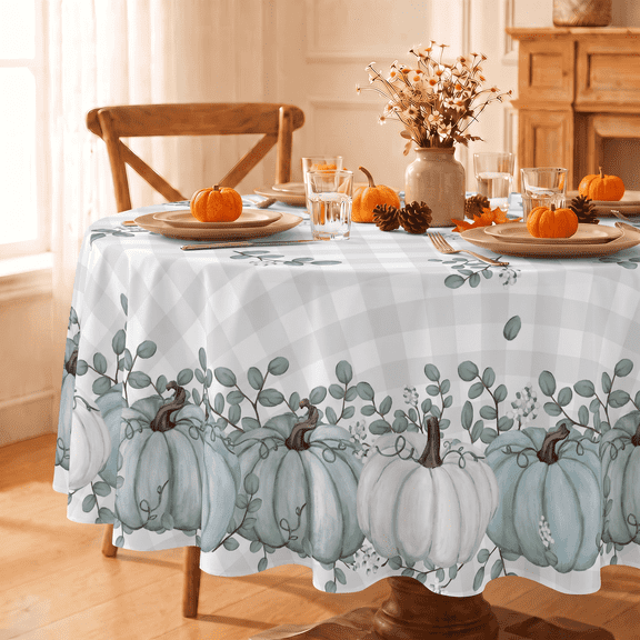 Sm:)e Fall Thanksgiving TableCloth 60 Inch Round, Blue Pumpkin Table Cover for Party Picnic Dinner Decor