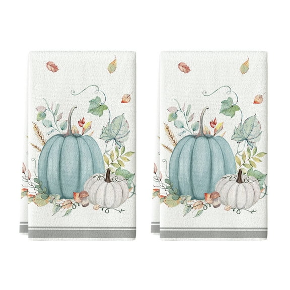 Sm:)e Maple Leaves Blue and White Pumpin Fall Kitchen Dish Towels Set of 2, Soft & Absorbent Washcloth 18x26 Inch