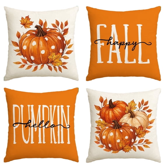 Sm:)e Maple Leaves Pumpkin Fall Pillow Covers 18x18 Inch Set of 4, Cushion Covers for Sofa Seasonal Home Decor