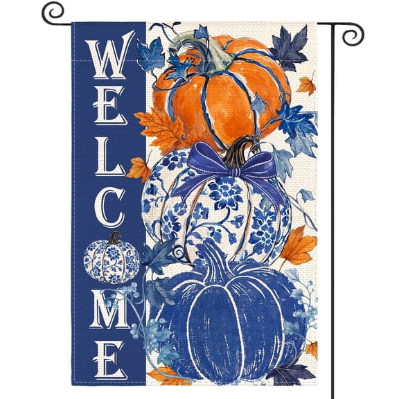Sm:)e Maple Leaves Welcome Pumpkin Fall Garden Flag 12 x 18 Inch, Double-Sided Printing, Seasonal Farmhouse Yard Outdoor Decor