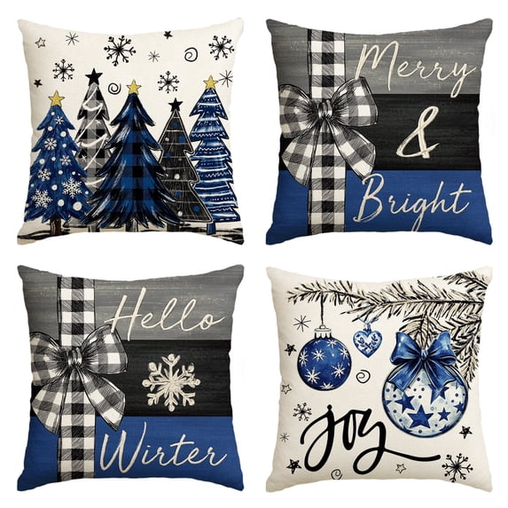 Sm:)e Merry Christmas Joy Xmas Trees Blue and Black Throw Pillow Covers, 18 x 18 Inch Christmas Winter Holiday Cushion Case Decoration for Sofa Couch Set of 4