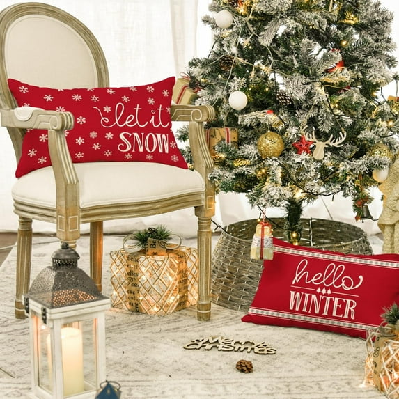 Sm:)e Merry Christmas Trees Mottos Red Throw Pillow Covers, 12 x 20 Inch Hello Winter Let it Snow Holiday Cushion Case Decoration for Sofa Couch Set of 4