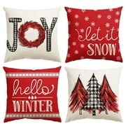 Sm:)e Merry Christmas Trees Mottos Red Throw Pillow Covers, 18 x 18 Inch Hello Winter Let it Snow Holiday Cushion Case Decoration for Sofa Couch Set of 4