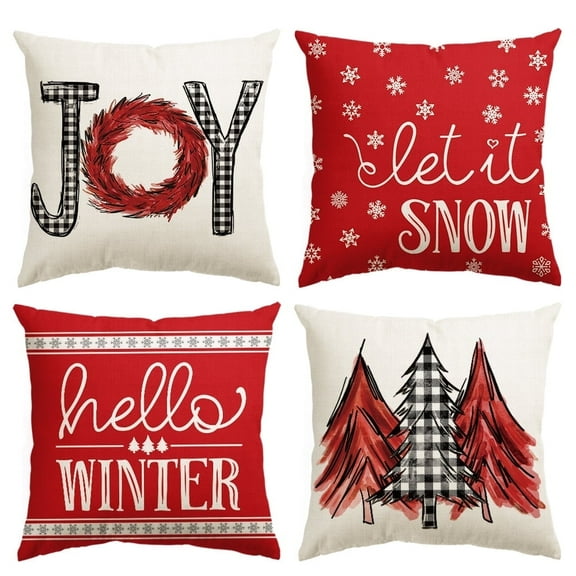 Sm:)e Merry Christmas Trees Mottos Red Throw Pillow Covers, 18 x 18 Inch Hello Winter Let it Snow Holiday Cushion Case Decoration for Sofa Couch Set of 4