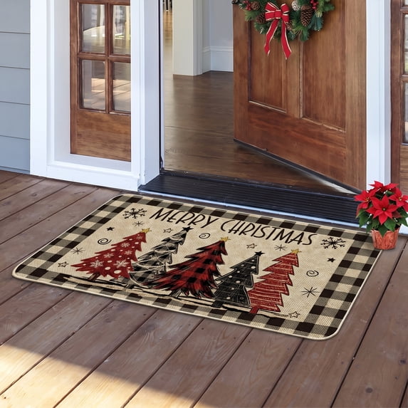 Sm:)e Merry Christmas Trees Winter Decorative Doormat Buffalo Plaid Low-Profile Floor Mat Switch Mat for Indoor Outdoor 17 x 29 Inch