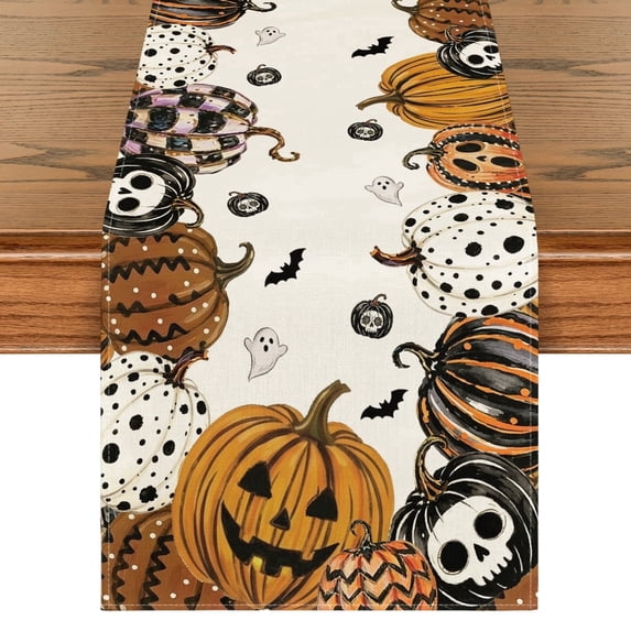 Sm:)e Mexican Skull Pumpkins Ghost Halloween Table Runner, Day of the Dead Kitchen Dining Table Decoration for Home Party Decor 13x72 Inch