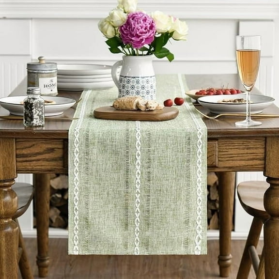 Sm:)e Modern Braided Stripe Boho Style Linen Table Runner 13 x 72 Inch Sage Green