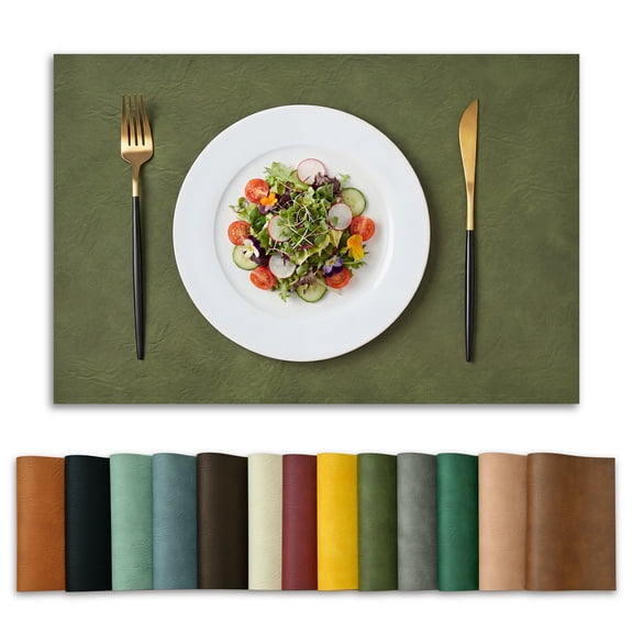 Sm:)e Olive Green Faux Leather Placemats Set of 4, 12x18 Inch, Waterproof Oil-Proof Wipeable PU Place Mats, Heat Resistant Reversible Table Mats for Kitchen, Dining, Outdoor