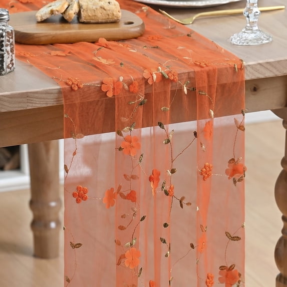 Sm:)e Orange 3D Floral Gauze Embroidery Table Runner 120 Inches (10 Feet), Seasonal Fall Sheer Decor for Kitchen & Dining Spaces, Ideal for Holidays, Weddings, Birthdays & Home Parties