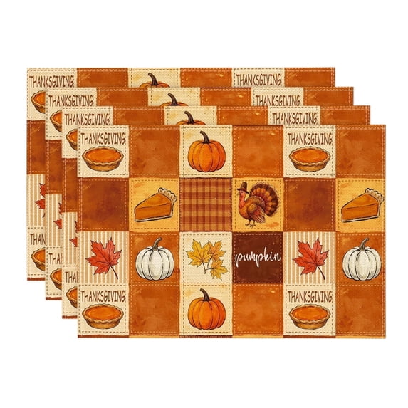 Sm:)e Orange Plaid Turkey Maple Leaf Pumpkin Print Thanksgiving Placemats 12x18 Inch Set of 4, Kitchen & Dining Table Decor, Fall Party Decoration Supplies
