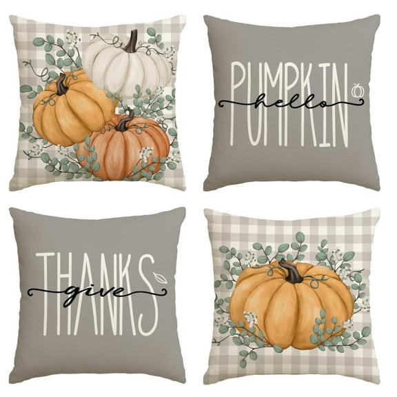 Sm:)e Orange Pumpkin Give Thanks Eucalyptus Leaf Fall Thanksgiving Throw Pillow Covers 18 x 18 Inch Set of 4