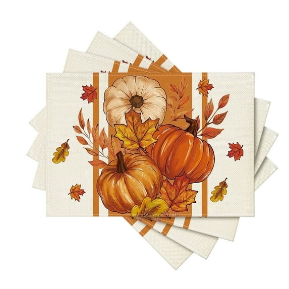Sm:)e Orange Pumpkin Maple Leaf Fall Placemats Set of 4 12x18 Inch, Indoor Outdoor Table Mats Decorations for Home Party