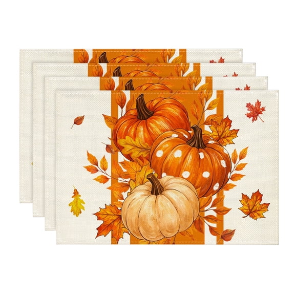 Sm:)e Orange Pumpkin Maple Leaf Fall Placemats Set of 4 12x18 Inch, Indoor Outdoor Table Mats Decorations for Home Party