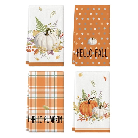Sm:)e Orange Pumpkin Pumpkin Hello Fall Kitchen Dish Towels Polka Dot 18x26 Inch Set of 4