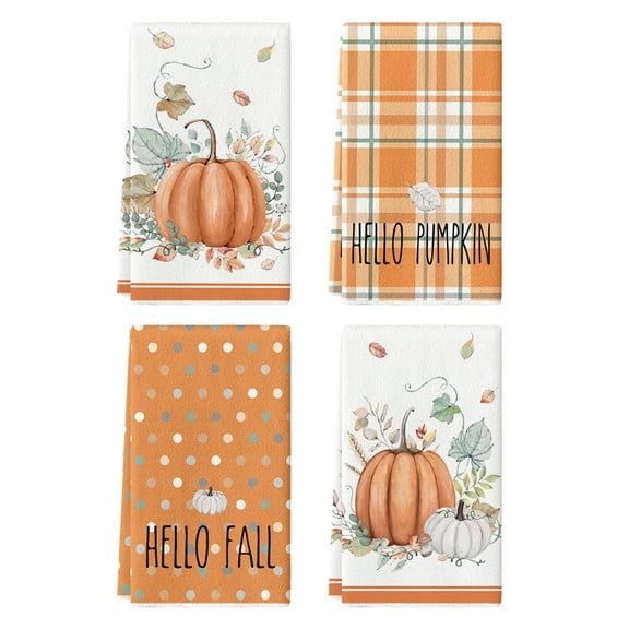 Sm:)e Orange Pumpkin Pumpkin Hello Fall Kitchen Dish Towels Polka Dot 18x26 Inch Set of 4