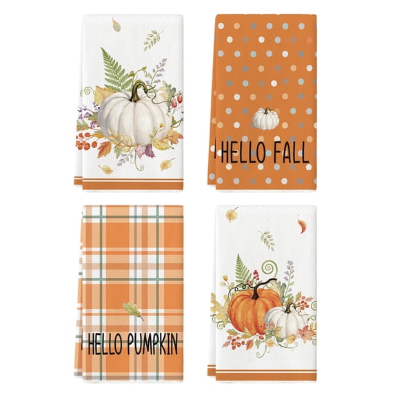 Sm:)e Orange Pumpkin Pumpkin Hello Fall Kitchen Dish Towels Polka Dot 18x26 Inch Set of 4