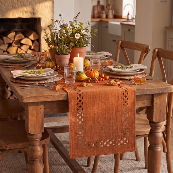 Sm:)e Orange Table Runner, Hollow Out Laser Cut Solid Color, Seasonal Summer Washable Kitchen Dining Table Decoration for Home Party Decor 13x36 Inch