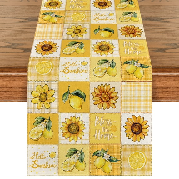 Sm:)e Patchwork Buffalo Plaid Yellow Daisy Sunflower Floral Lemon Summer Table Runner 13 x 72 Inch