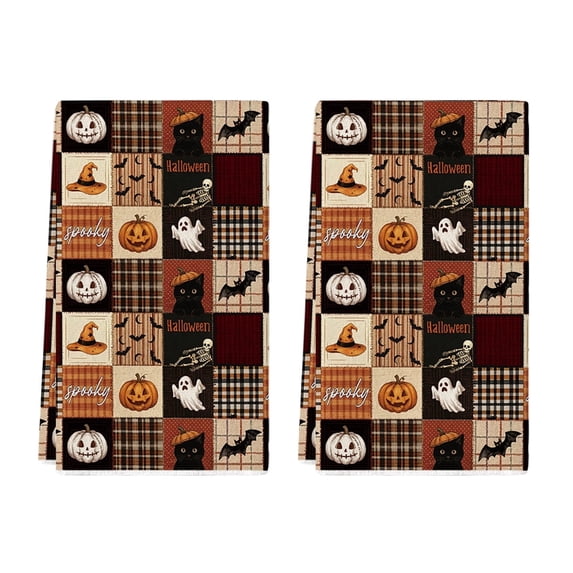 Sm:)e Patchwork Ghost Pumpkin Bat Cat Halloween Dish Towels Set of 2, 18x26 Inch, Seasonal Holiday Hand Towels for Kitchen and Dining Table