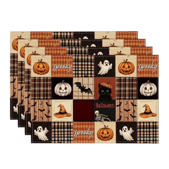Sm:)e Patchwork Ghost Pumpkin Black Cat Bat Skeleton Witch Hat Halloween Placemats Set of 4, 12x18 Inch Holiday Table Mats for Indoor Outdoor Party Dining Decoration