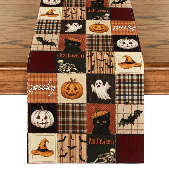 Sm:)e Patchwork Ghost Pumpkin Black Cat Bat Skeleton Witch Hat Halloween Table Runner, Seasonal Ghost Kitchen Dining Table Decoration for Home Party Decor 13x72 Inch