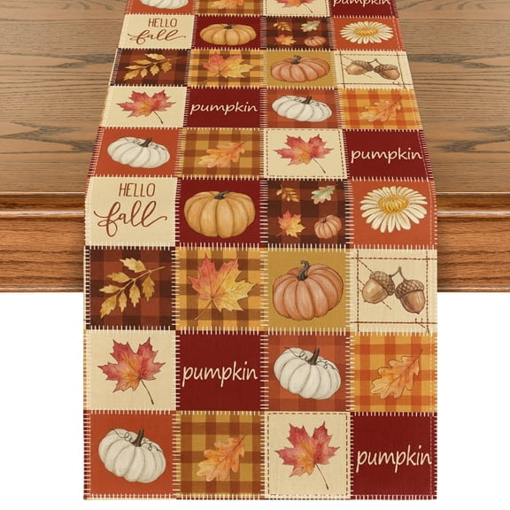 Sm:)e Patchwork Pumpkin Fall Table Runner 13x72 Inch, Seasonal Leaf Print Decor for Kitchen Dining Home Party