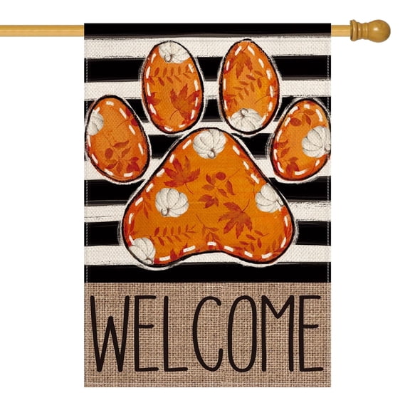 Sm:)e Paw Print Fall House Flag 28x40 Inch Double Sided Outside, Autumn Pumpkin Maple Leaf Welcome Stripes Yard Outdoor Flag