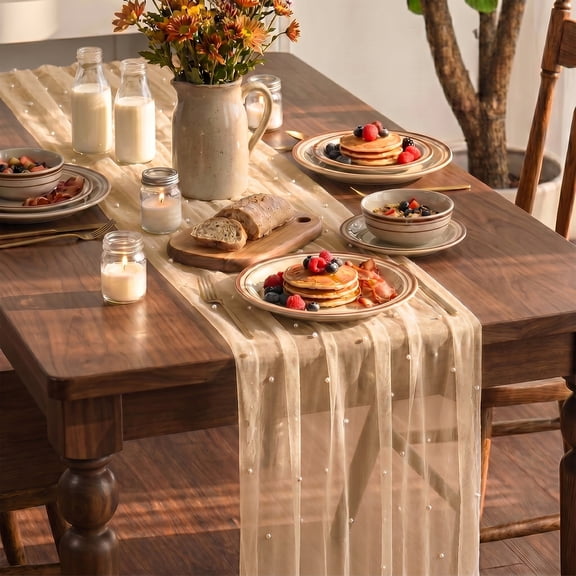Sm:)e Pearl Beige Gauze Table Runner 120 Inch 10FT, Table Decor for Wedding Anniversary Birthday Outdoor Home Party Table