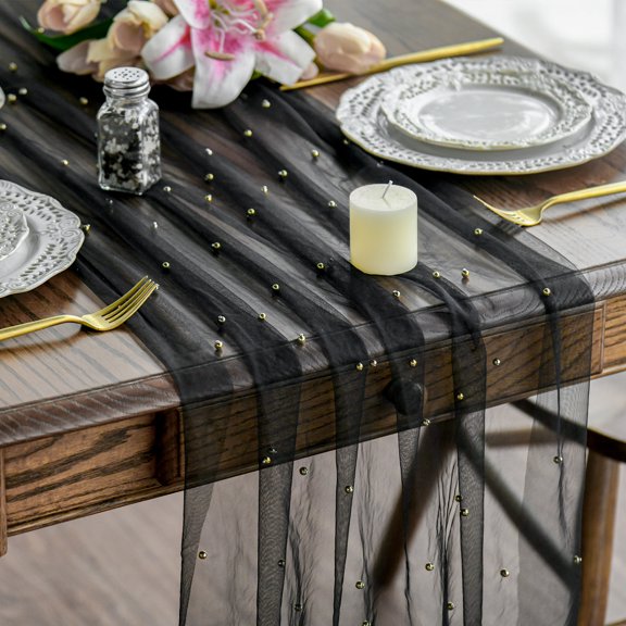 Sm:)e Pearl Black Gauze Table Runner 120 Inch 10FT, Table Decor for Wedding Anniversary Birthday Outdoor Home Party Table