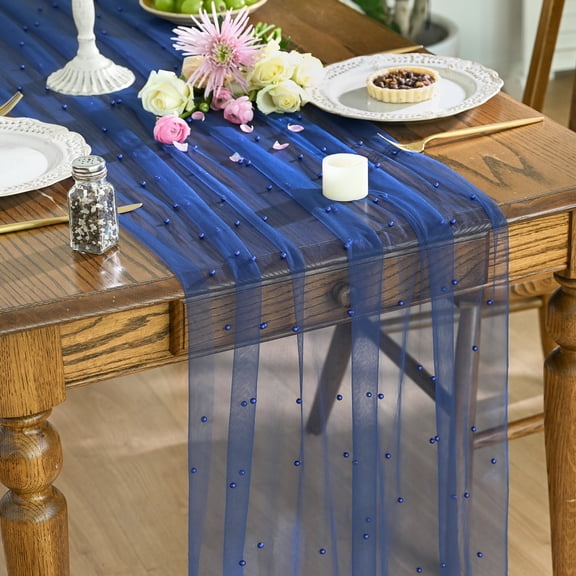 Sm:)e Pearl Dark Blue Gauze Table Runner 120 Inch 10FT, Table Decor for Wedding Anniversary Birthday Outdoor Home Party Table