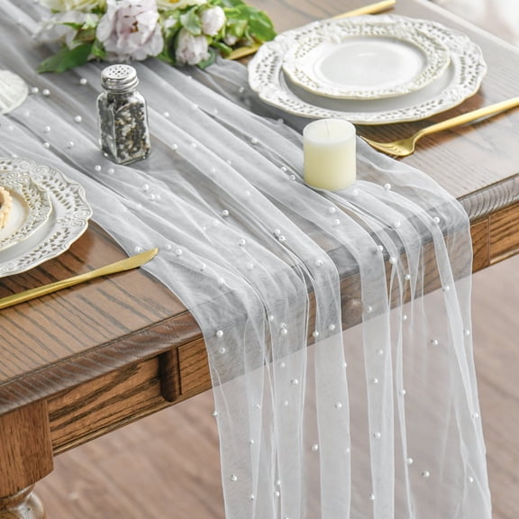 Sm:)e Pearl Gauze Table Runner 120 Inch 10FT, Table Decor for Wedding Anniversary Birthday Outdoor Home Party Table