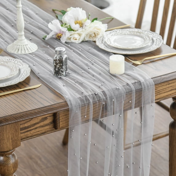Sm:)e Pearl Grey Gauze Table Runner 120 Inch 10FT, Table Decor for Wedding Anniversary Birthday Outdoor Home Party Table
