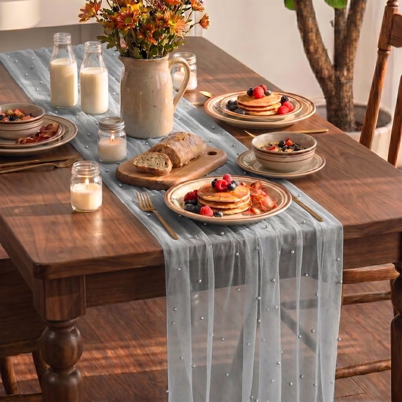 Sm:)e Pearl Grey Gauze Table Runner 120 Inch 10FT, Table Decor for Wedding Anniversary Birthday Outdoor Home Party Table