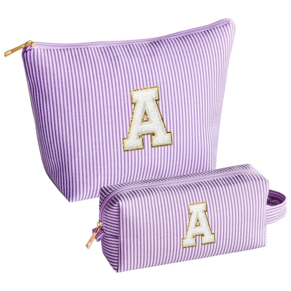Sm:)e Personalized Initial Makeup Bag, Cosmetic Bag for Teen Girls and Women, Toiletry Bags for Travel Holiday Birthday,2 Pack (A, Purple)