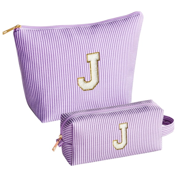 Sm:)e Personalized Initial Makeup Bag, Cosmetic Bag for Teen Girls and Women, Toiletry Bags for Travel Holiday Birthday,2 Pack (J, Purple)
