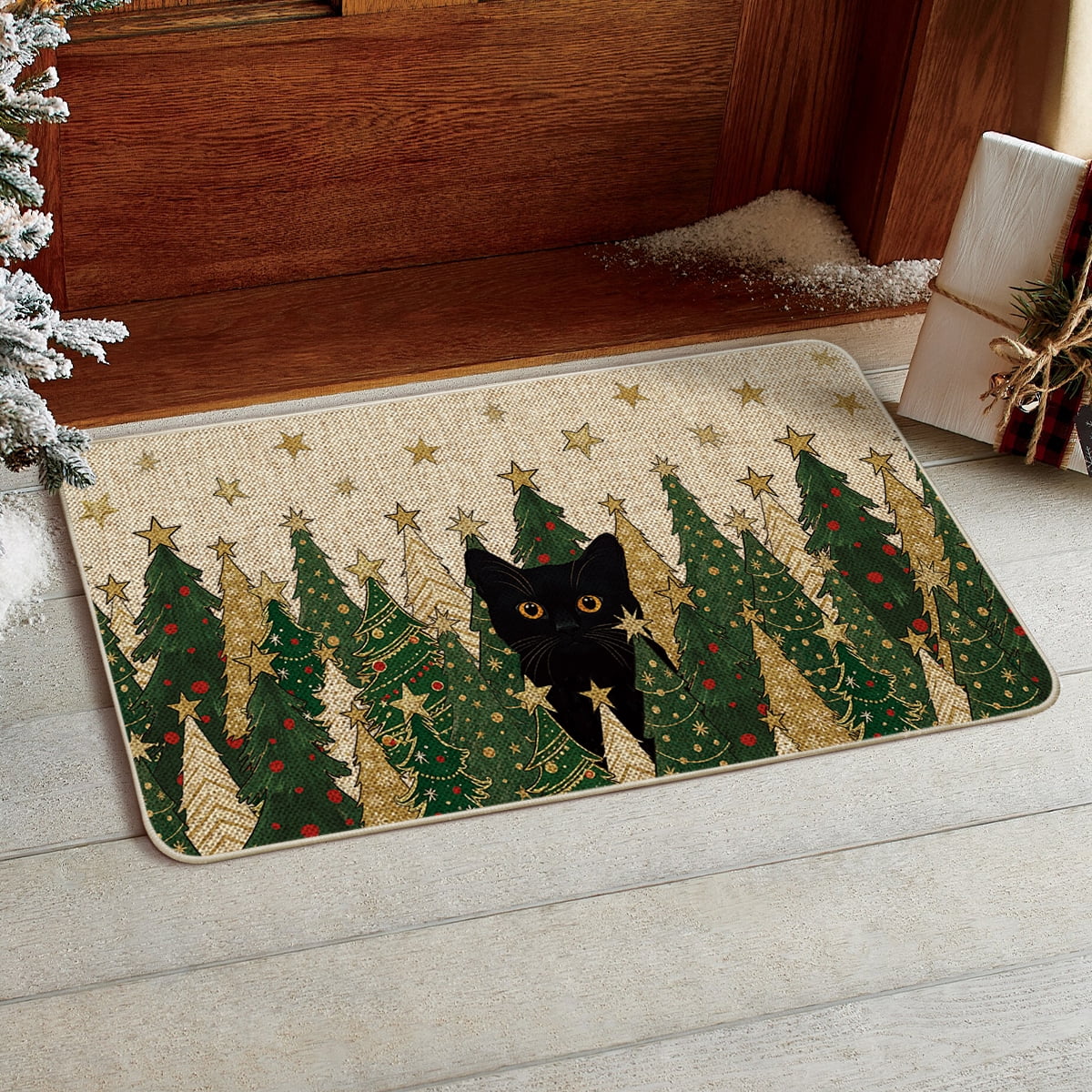 Sm:)e Pine Tree Cat Christmas Doormat 17x29 Inch, Non Slip Linen Door ...