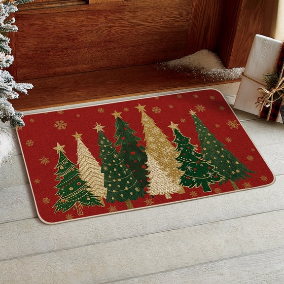 Sm:)e Pine Tree Christmas Doormat 17x29 Inch, Non Slip Linen Door Mat Inside Washable Entryway Carpet Rug for Porch Patio Hallway, Red