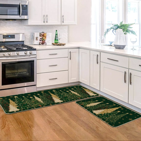 Sm:)e Pine Tree Christmas Kitchen Rugs and Mats, 17x29Inch and 17x47 Inch, Non Slip Linen Mat Inside Washable for Porch Patio Hallway, Green