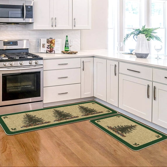 Sm:)e Pine Tree Christmas Kitchen Rugs and Mats, 17x29Inch and 17x47 Inch, Non Slip Linen Mat Inside Washable for Porch Patio Hallway
