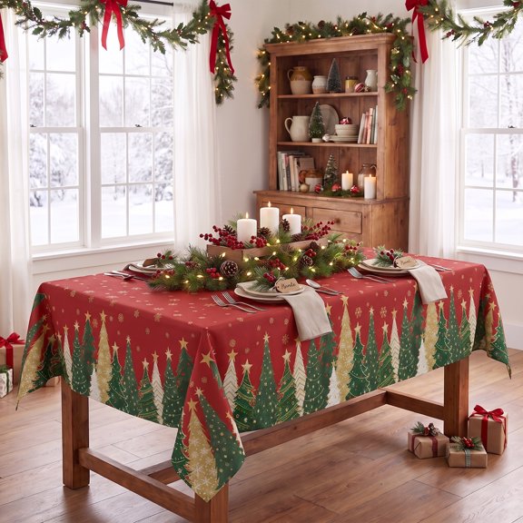 Sm:)e Pine Tree Christmas Tablecloth, Rectangle 60x60 Inch, Machine Washable Table Cover for Dinner/Party Decoration/Holiday, Red