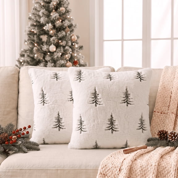 Sm:)e Pine Tree Christmas Throw Pillow Covers 18x18 Inch Set of 2, Soft Plush Faux Fur 3D Embroidered Decorative Cushion Covers for Couch Sofa Bedroom Living Room Home Decor, White Green