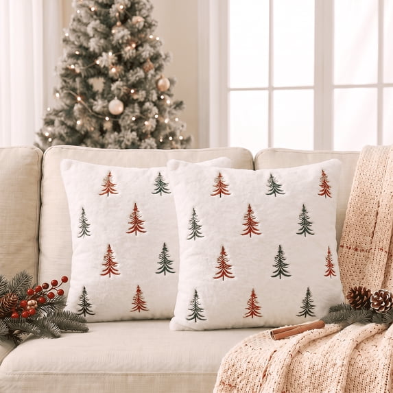 Sm:)e Pine Tree Christmas Throw Pillow Covers 18x18 Inch Set of 2, Soft Plush Faux Fur 3D Embroidered Decorative Cushion Covers for Couch Sofa Bedroom Living Room Home Decor, White Green Red
